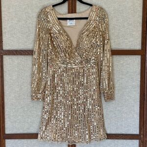 Sherry Hill Gold Sequin Beaded Silk Chiffon Sample Midi Formal Dress - S